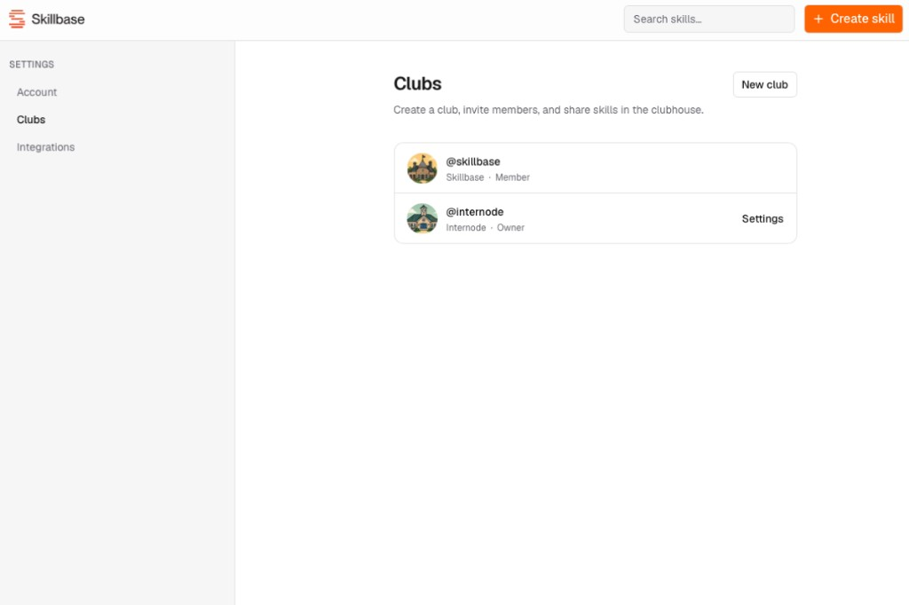 Skillbase Clubs settings with club list